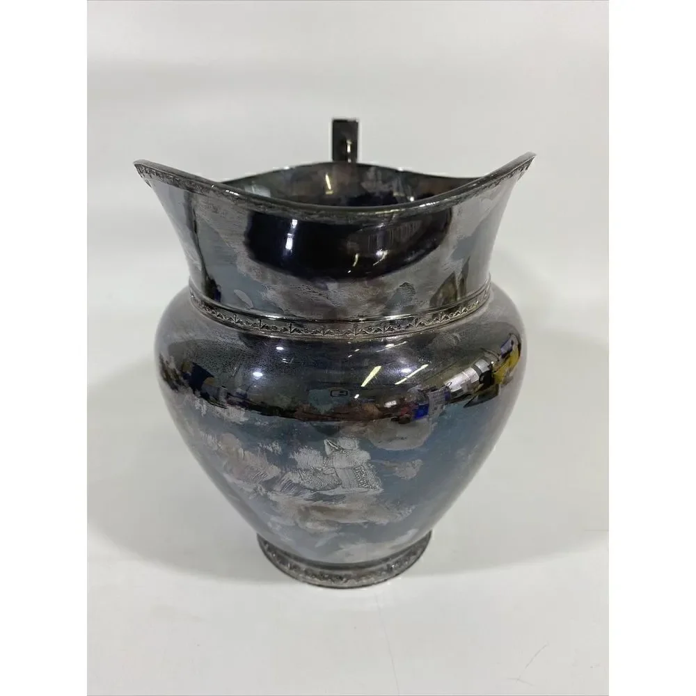 Antique H.S. Co Silverplate Water Pitcher Art Deco 7.75” X 9.5” Geometric Handle